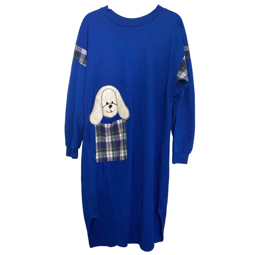 Vintage Lindsay Jordan Dog Applique Nightgown Blue Fleece‎ Plaid Pocket Size